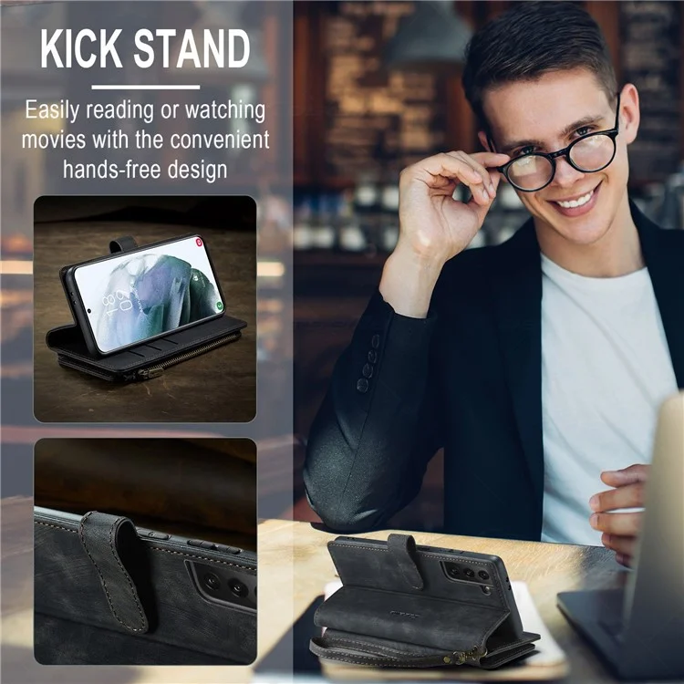 CASEME C30 Serie Anti-caduta Custodia Portafoglio per Samsung Galaxy S21 4G / 5G, Slot Multipli per Schede Tasca con Cerniera Supporto Custodia Protettiva in Pelle PU - Nero