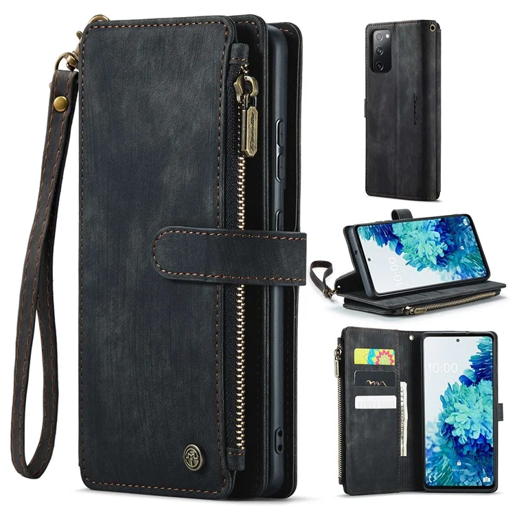For Samsung Galaxy S20 FE 4G / 5G / S20 FE 2022 / S20 Lite Phone Cases with Strap CASEME C30 Zipper Multiple Card Holder PU Leather Cover - Black