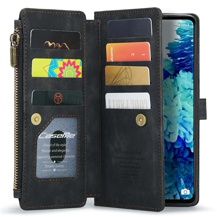 For Samsung Galaxy S20 FE 4G / 5G / S20 FE 2022 / S20 Lite Phone Cases with Strap CASEME C30 Zipper Multiple Card Holder PU Leather Cover - Black