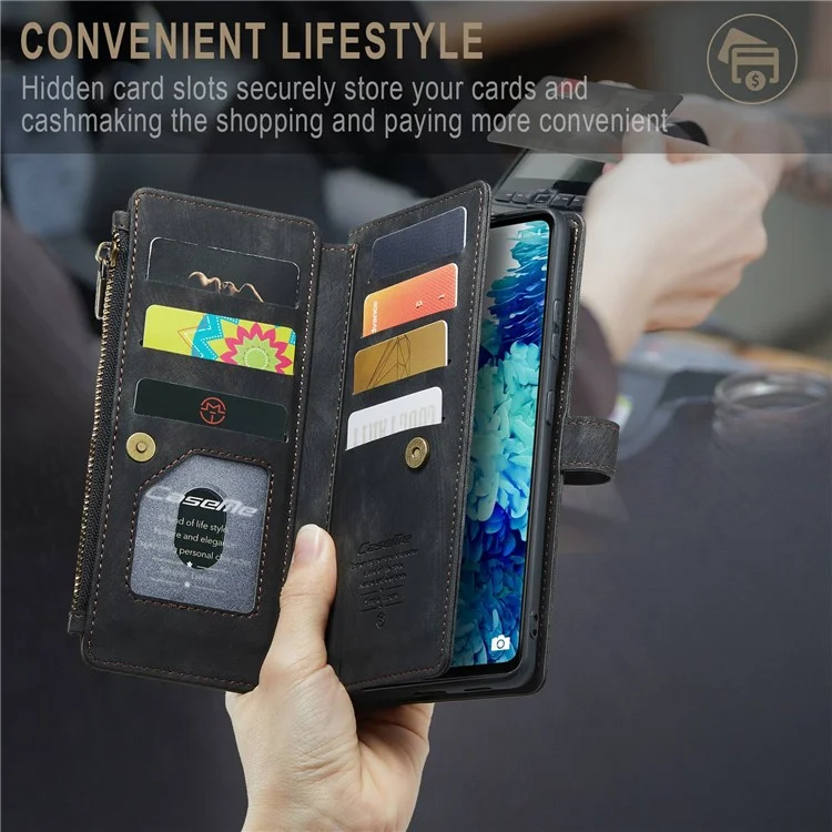 Telefonbrieftasche Caseme C30 Serie Für Samsung Galaxy S20 fe 4g / 5g / S20 fe 2022 / S20 Lite, PU -lederabdeckung Mit Mehreren Kartenschlitzen Reißverschlusspocket Phone Schutzschale - Schwarz