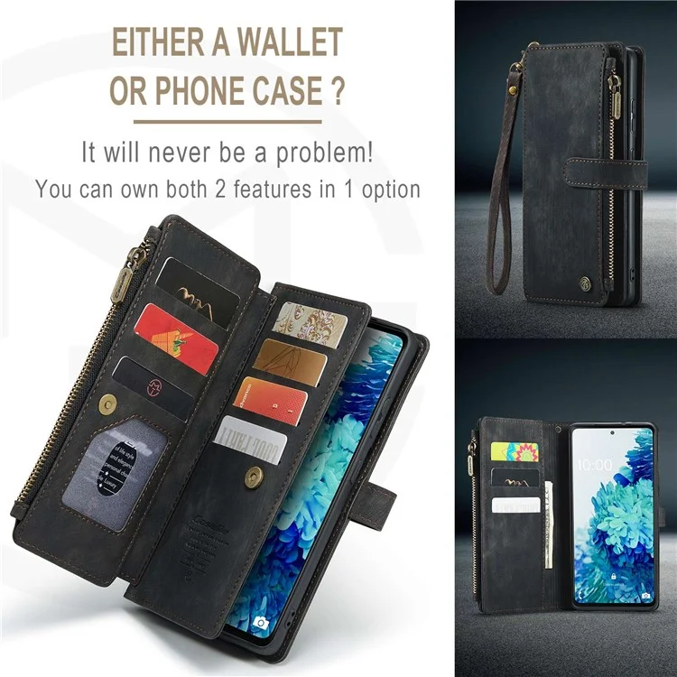 For Samsung Galaxy S20 FE 4G / 5G / S20 FE 2022 / S20 Lite Phone Cases with Strap CASEME C30 Zipper Multiple Card Holder PU Leather Cover - Black