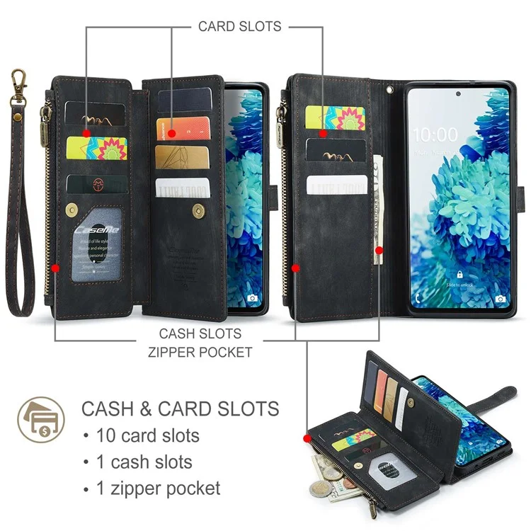 For Samsung Galaxy S20 FE 4G / 5G / S20 FE 2022 / S20 Lite Phone Cases with Strap CASEME C30 Zipper Multiple Card Holder PU Leather Cover - Black