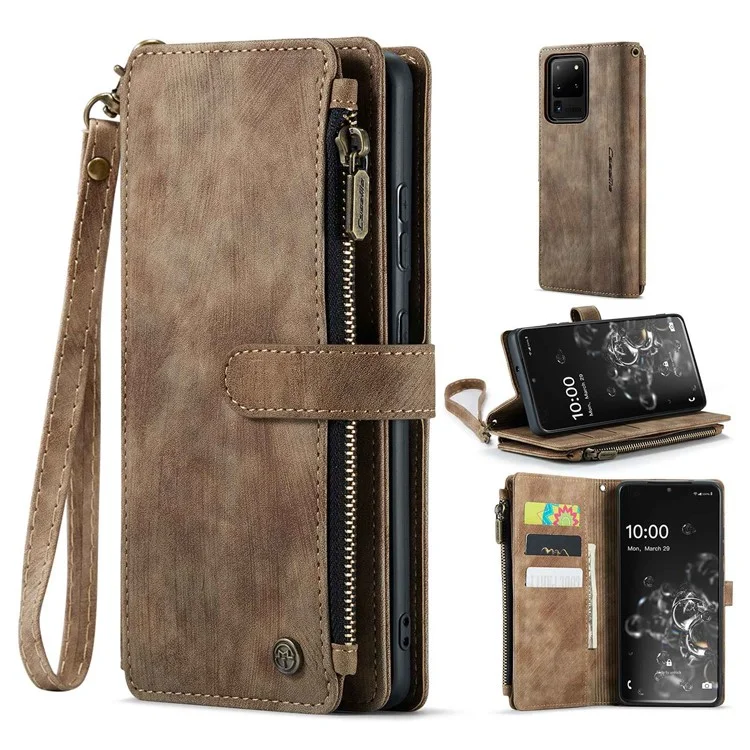 For Samsung Galaxy S20 Ultra 4G / 5G Phone Cases with Strap CASEME C30 Zipper Multiple Card Holder PU Leather Cover - Brown