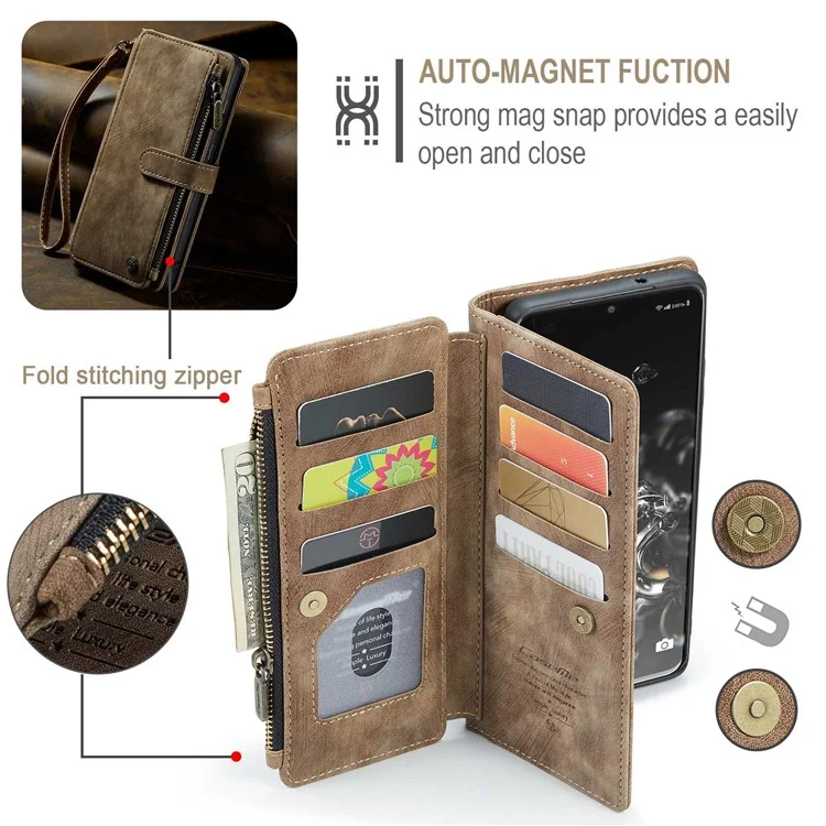 For Samsung Galaxy S20 Ultra 4G / 5G Phone Cases with Strap CASEME C30 Zipper Multiple Card Holder PU Leather Cover - Brown