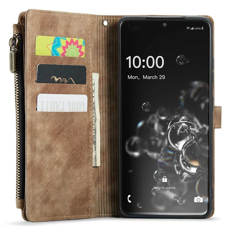 For Samsung Galaxy S20 Ultra 4G / 5G Phone Cases with Strap CASEME C30 Zipper Multiple Card Holder PU Leather Cover - Brown