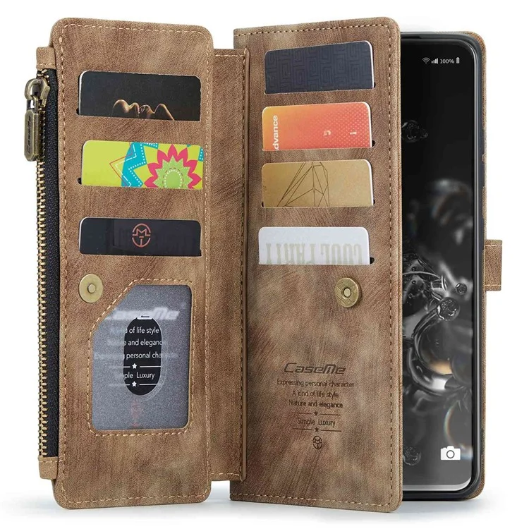 For Samsung Galaxy S20 Ultra 4G / 5G Phone Cases with Strap CASEME C30 Zipper Multiple Card Holder PU Leather Cover - Brown