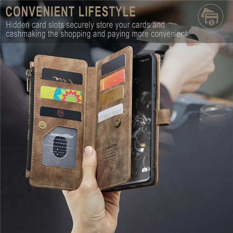 For Samsung Galaxy S20 Ultra 4G / 5G Phone Cases with Strap CASEME C30 Zipper Multiple Card Holder PU Leather Cover - Brown