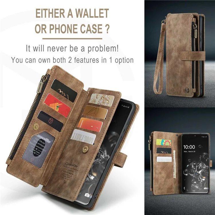 For Samsung Galaxy S20 Ultra 4G / 5G Phone Cases with Strap CASEME C30 Zipper Multiple Card Holder PU Leather Cover - Brown