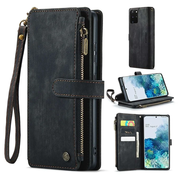 Case de Telefone da Série Caseme C30 Para Samsung Galaxy S20 Plus 4G / 5G, Capa de Carteira de Couro PU Com Vários Slots de Cartão Com Zíper Resistente ao Desgaste Shell - Preto