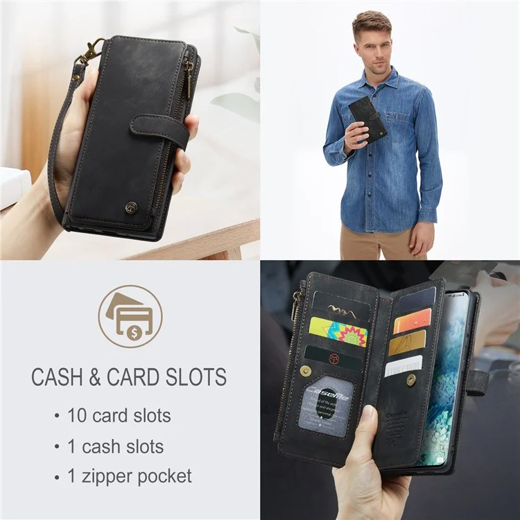 Case de Telefone da Série Caseme C30 Para Samsung Galaxy S20 Plus 4G / 5G, Capa de Carteira de Couro PU Com Vários Slots de Cartão Com Zíper Resistente ao Desgaste Shell - Preto
