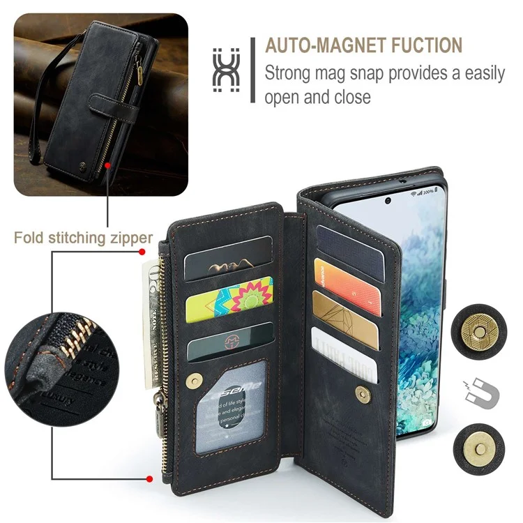 Case de Telefone da Série Caseme C30 Para Samsung Galaxy S20 Plus 4G / 5G, Capa de Carteira de Couro PU Com Vários Slots de Cartão Com Zíper Resistente ao Desgaste Shell - Preto