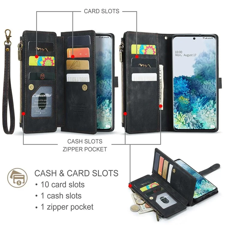 Case de Telefone da Série Caseme C30 Para Samsung Galaxy S20 Plus 4G / 5G, Capa de Carteira de Couro PU Com Vários Slots de Cartão Com Zíper Resistente ao Desgaste Shell - Preto