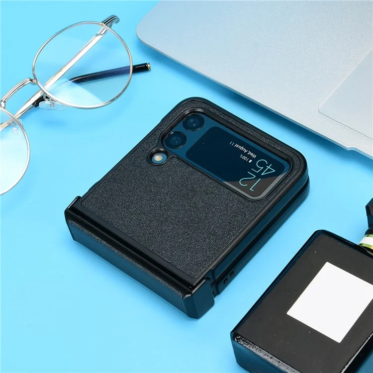 Per Samsung Galaxy Z Flip4 5G Sand-like Texture PU Leather + PC Custodia Protettiva per Telefono Pieghevole con Design a Cerniera Laterale - Nero