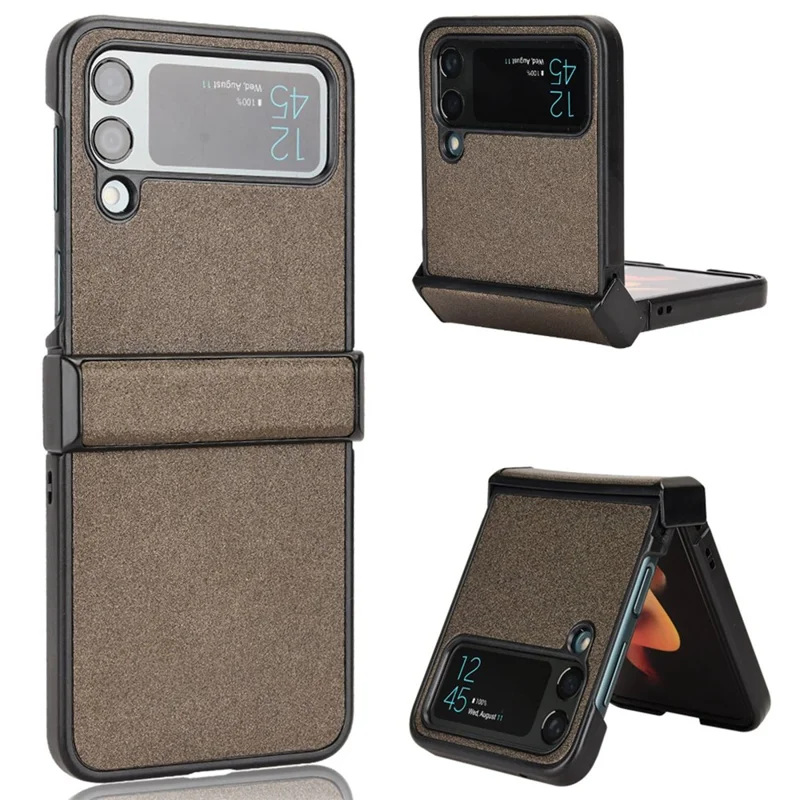For Samsung Galaxy Z Flip4 5G Sand-like Texture PU Leather + PC Protective Phone Cover Folding Case with Side Hinge Design - Brown