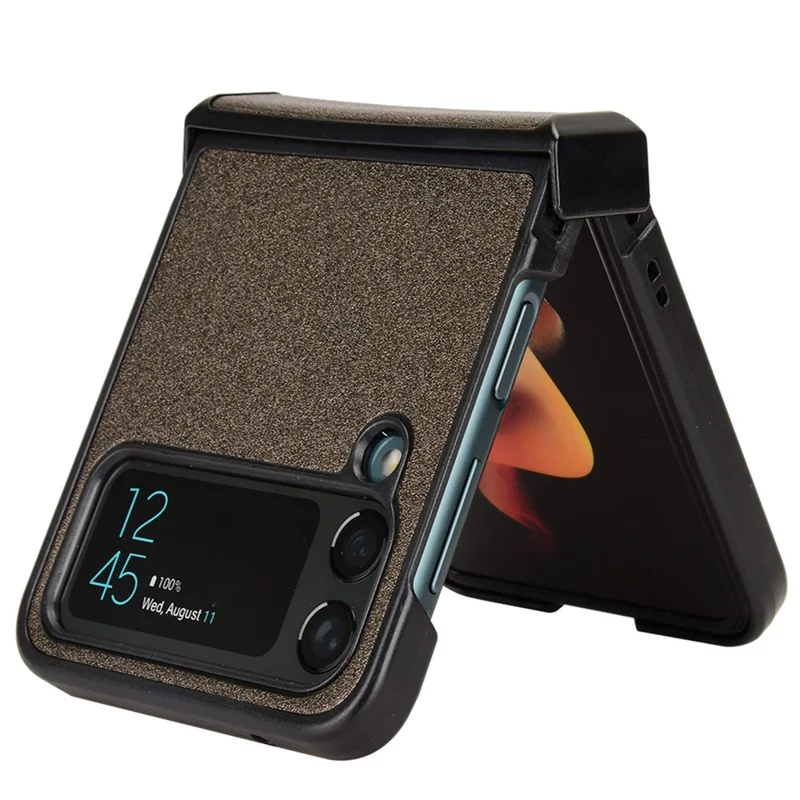 For Samsung Galaxy Z Flip4 5G Sand-like Texture PU Leather + PC Protective Phone Cover Folding Case with Side Hinge Design - Brown