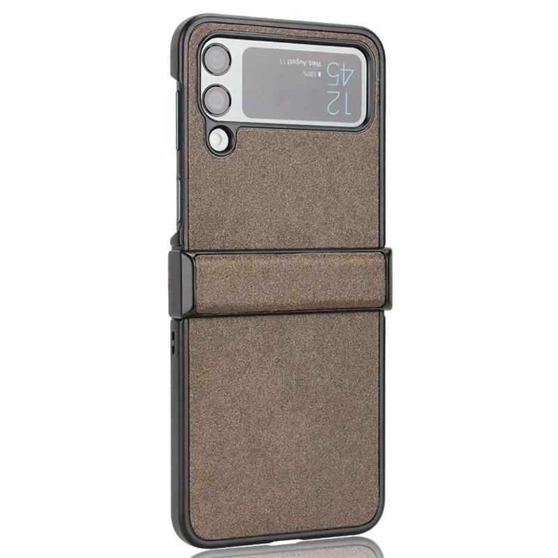 For Samsung Galaxy Z Flip4 5G Sand-like Texture PU Leather + PC Protective Phone Cover Folding Case with Side Hinge Design - Brown