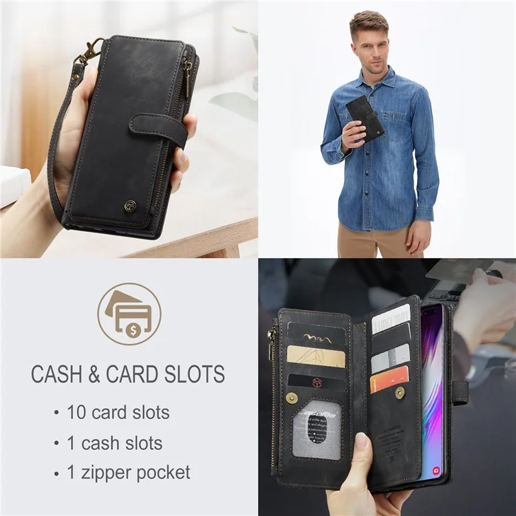 Custodia al Telefono Tascabile Della Serie Caseme C30 Per Samsung Galaxy S10 Plus 4G, Supporto Per il Portafoglio a Flip in Pelle PU Con Supporto Per Schede Cinghia - Nero