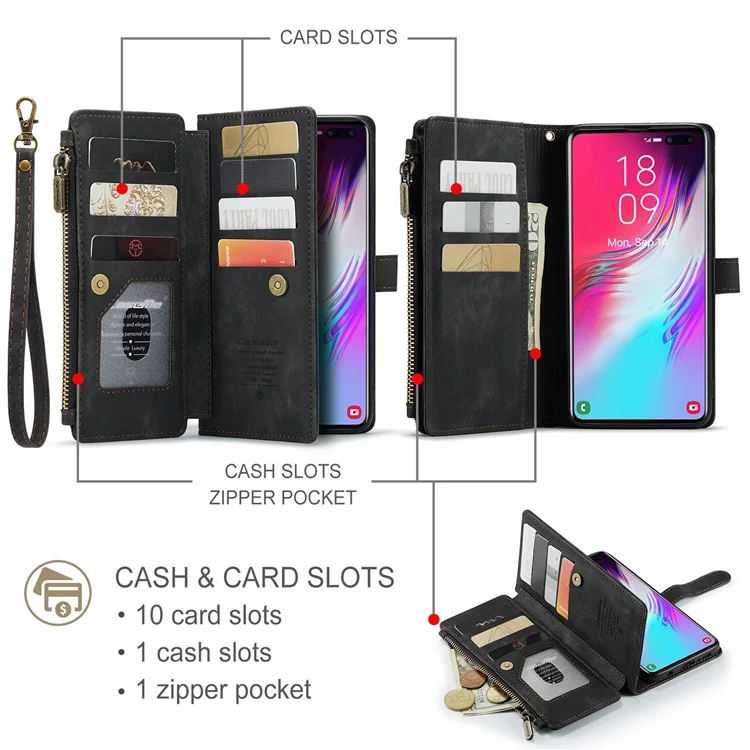 Custodia al Telefono Tascabile Della Serie Caseme C30 Per Samsung Galaxy S10 Plus 4G, Supporto Per il Portafoglio a Flip in Pelle PU Con Supporto Per Schede Cinghia - Nero