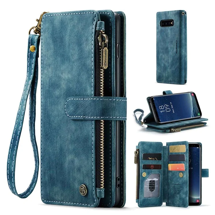 For Samsung Galaxy S10 Phone Cases with Strap CASEME C30 Zipper Multiple Card Holder PU Leather Cover - Blue