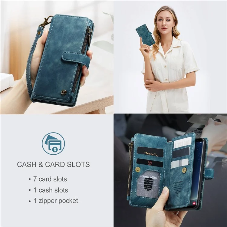 For Samsung Galaxy S10 Phone Cases with Strap CASEME C30 Zipper Multiple Card Holder PU Leather Cover - Blue