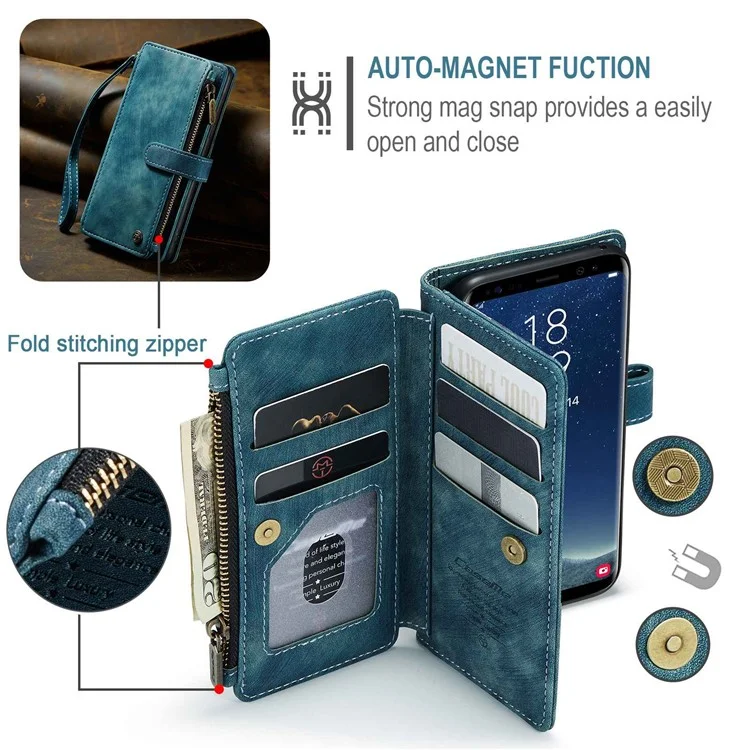 For Samsung Galaxy S10 Phone Cases with Strap CASEME C30 Zipper Multiple Card Holder PU Leather Cover - Blue