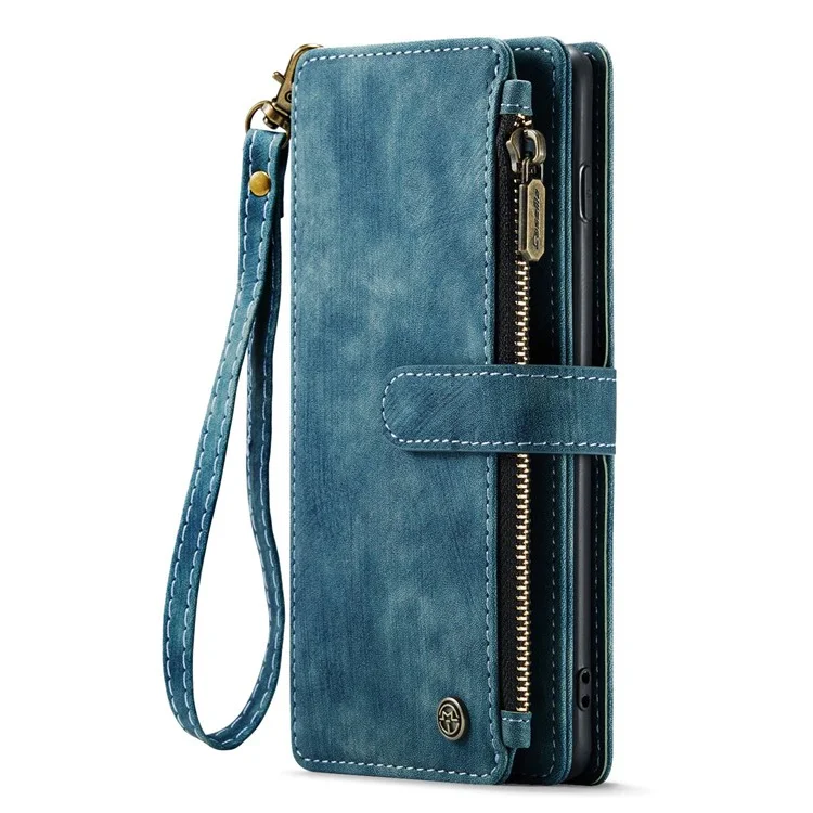 For Samsung Galaxy S10 Phone Cases with Strap CASEME C30 Zipper Multiple Card Holder PU Leather Cover - Blue
