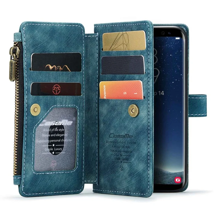 For Samsung Galaxy S10 Phone Cases with Strap CASEME C30 Zipper Multiple Card Holder PU Leather Cover - Blue