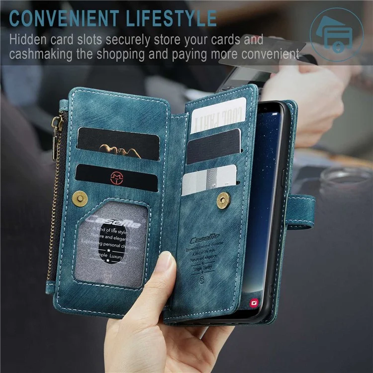 For Samsung Galaxy S10 Phone Cases with Strap CASEME C30 Zipper Multiple Card Holder PU Leather Cover - Blue