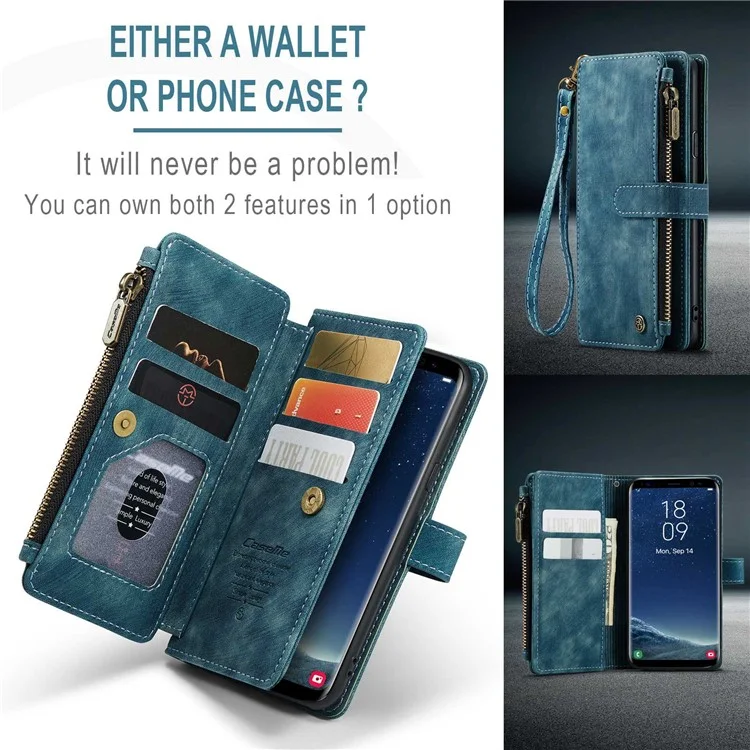 For Samsung Galaxy S10 Phone Cases with Strap CASEME C30 Zipper Multiple Card Holder PU Leather Cover - Blue