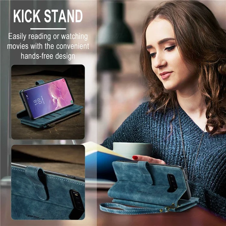 For Samsung Galaxy S10 Phone Cases with Strap CASEME C30 Zipper Multiple Card Holder PU Leather Cover - Blue