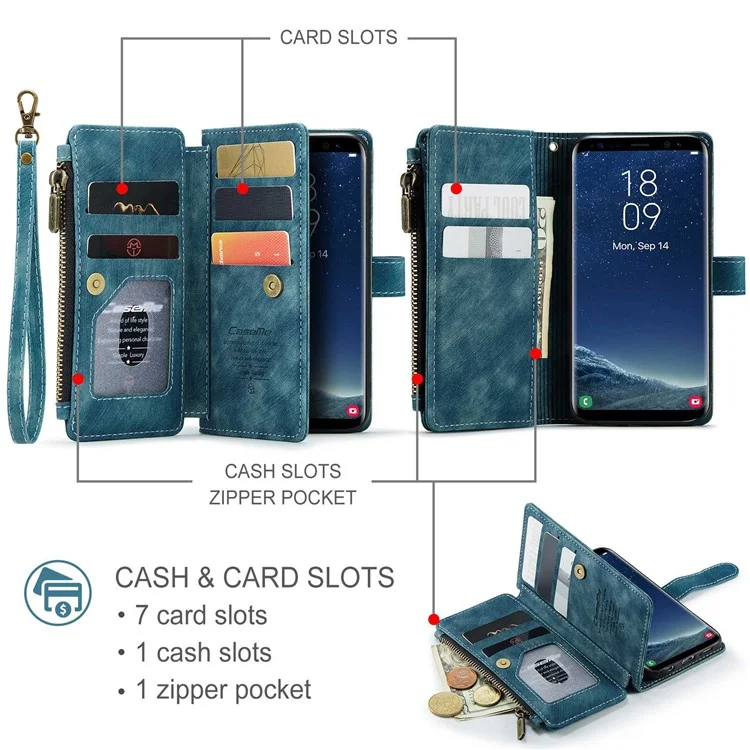 For Samsung Galaxy S10 Phone Cases with Strap CASEME C30 Zipper Multiple Card Holder PU Leather Cover - Blue
