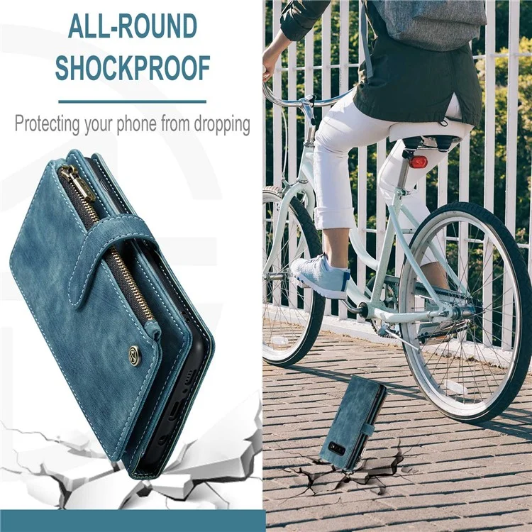 For Samsung Galaxy S10 Phone Cases with Strap CASEME C30 Zipper Multiple Card Holder PU Leather Cover - Blue