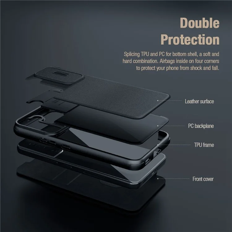 NILLKIN Qin Pro Series for iPhone 14 Pro Max 6.7 inch Full Protection Phone Case Anti-wear Cellphone Cover Card Holder with Sliding Camera Lens Protector - Blue