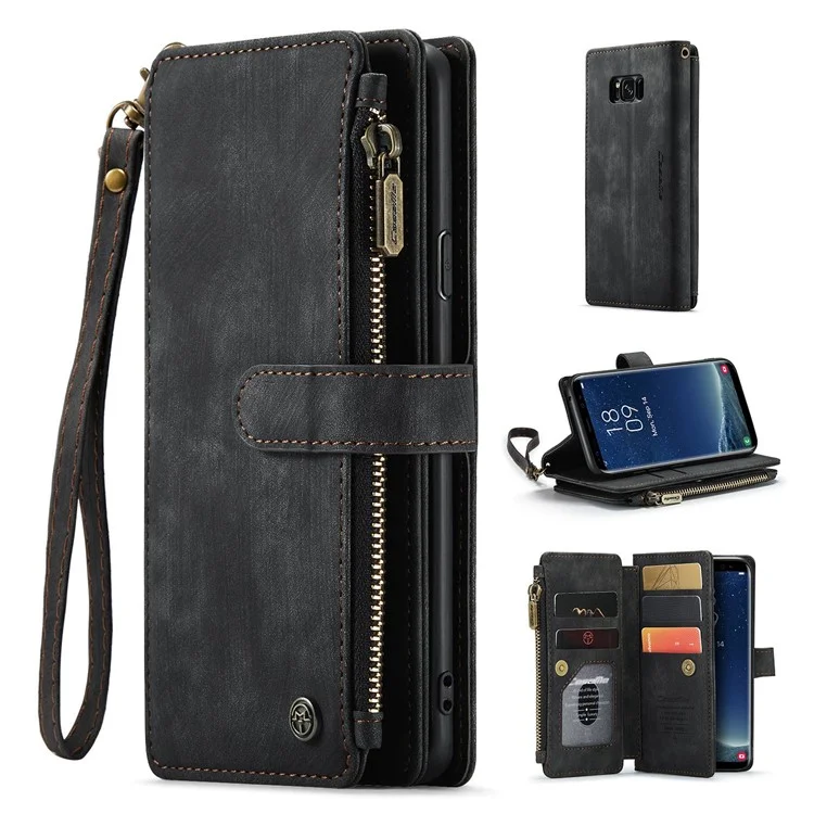 CASEME C30 Series Phone Zipper Pocket Wallet Case для Samsung Galaxy S8, чехол из искусственной кожи с несколькими слотами для карт, противоударный телефонный чехол - черный