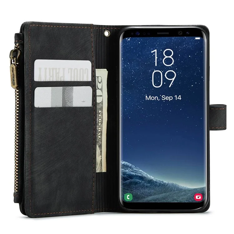 CASEME C30 Series Phone Zipper Pocket Wallet Case for Samsung Galaxy S8, PU Leather Multiple Card Slots Anti-fall Phone Cover - Black