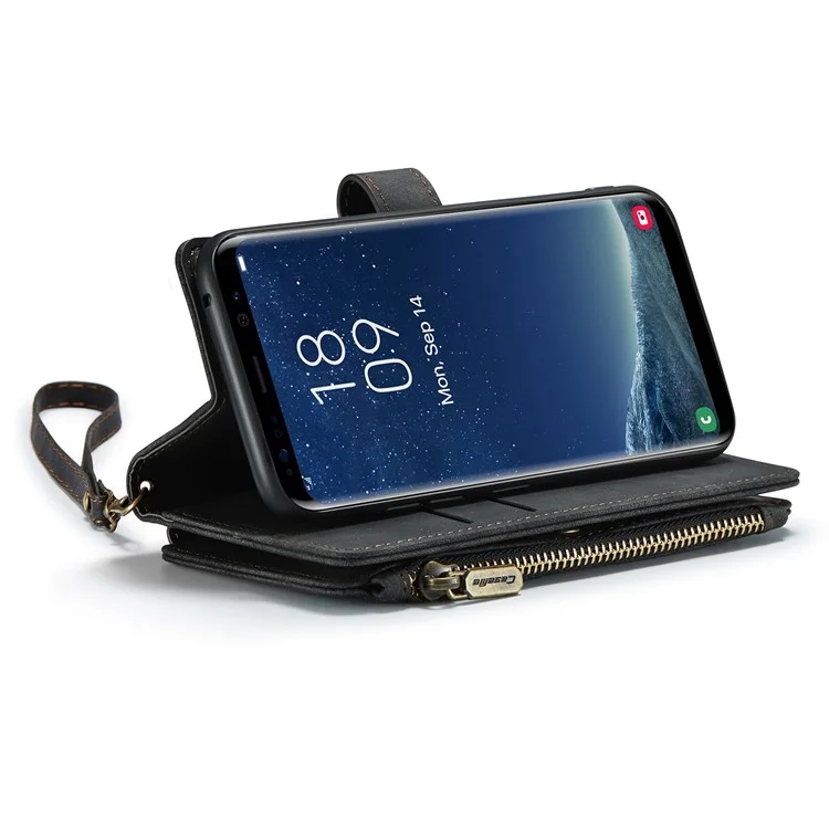 CASEME C30 Series Phone Zipper Pocket Wallet Case для Samsung Galaxy S8, чехол из искусственной кожи с несколькими слотами для карт, противоударный телефонный чехол - черный