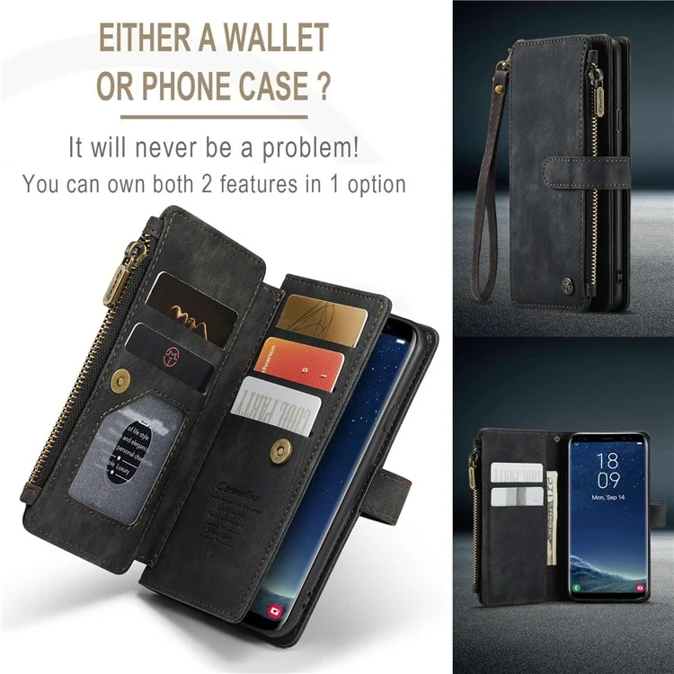 CASEME C30 Series Phone Zipper Pocket Wallet Case для Samsung Galaxy S8, чехол из искусственной кожи с несколькими слотами для карт, противоударный телефонный чехол - черный