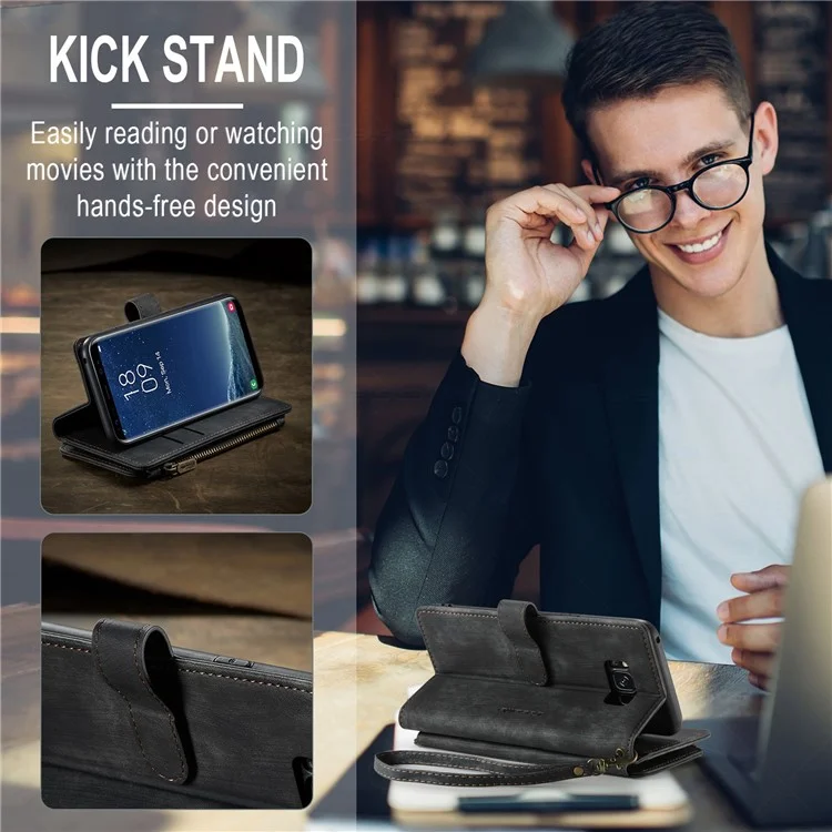 CASEME C30 Series Phone Zipper Pocket Wallet Case для Samsung Galaxy S8, чехол из искусственной кожи с несколькими слотами для карт, противоударный телефонный чехол - черный