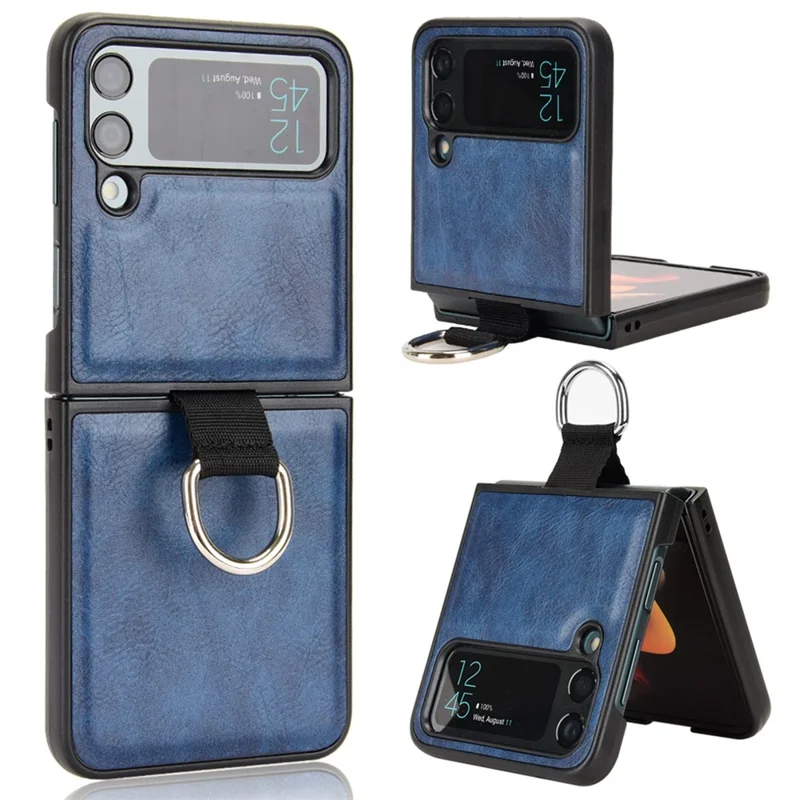 For Samsung Galaxy Z Flip4 5G Finger Ring Holder Folding Phone Case PU Leather Coated PC Back Cover - Blue