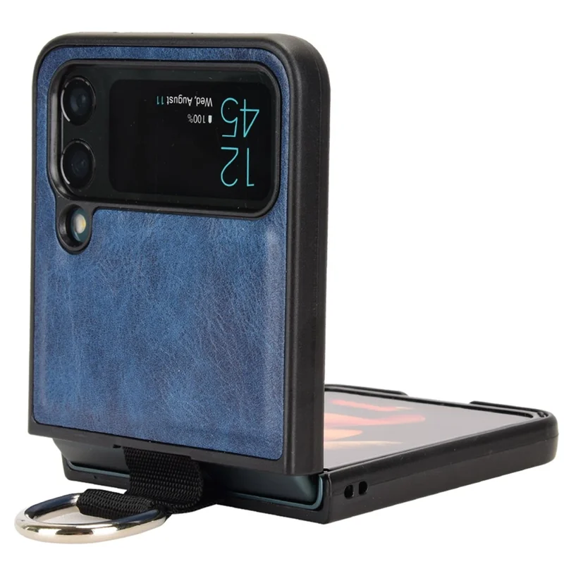 For Samsung Galaxy Z Flip4 5G Finger Ring Holder Folding Phone Case PU Leather Coated PC Back Cover - Blue