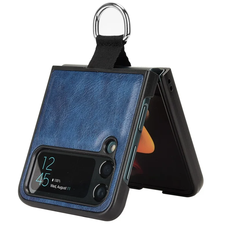 For Samsung Galaxy Z Flip4 5G Finger Ring Holder Folding Phone Case PU Leather Coated PC Back Cover - Blue
