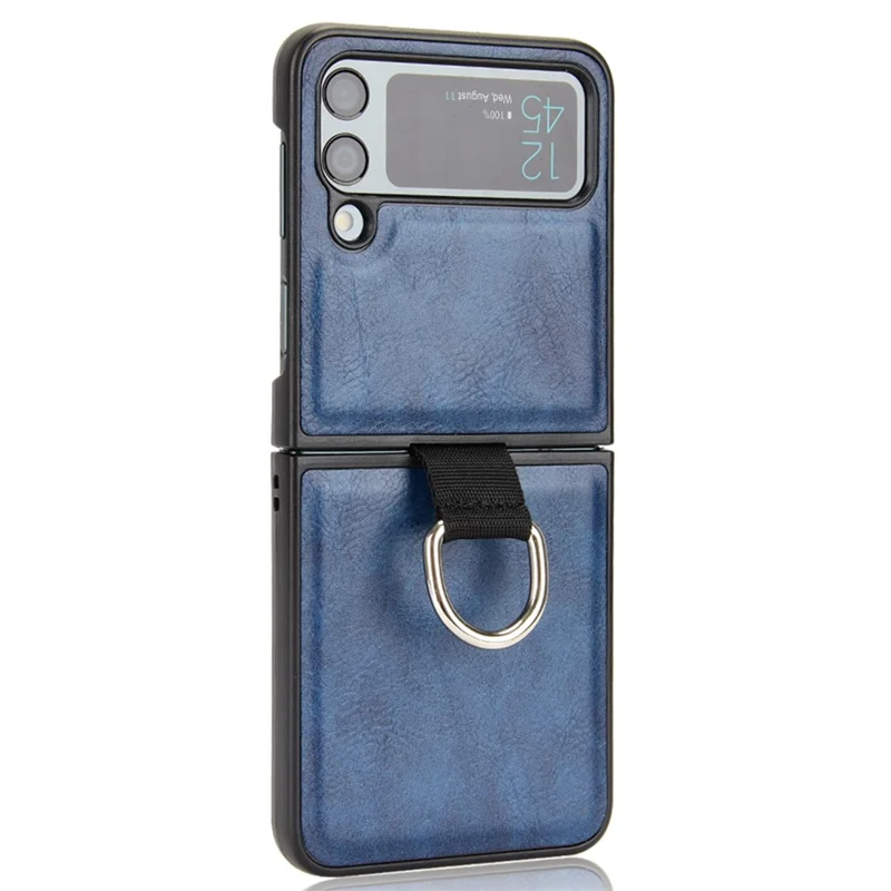 For Samsung Galaxy Z Flip4 5G Finger Ring Holder Folding Phone Case PU Leather Coated PC Back Cover - Blue