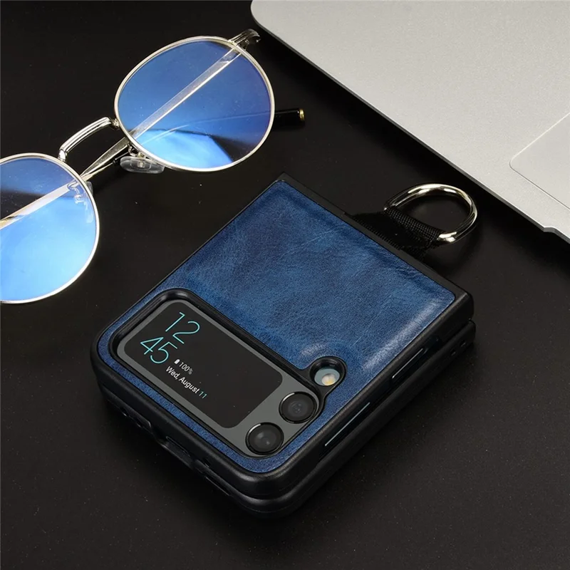 For Samsung Galaxy Z Flip4 5G Finger Ring Holder Folding Phone Case PU Leather Coated PC Back Cover - Blue
