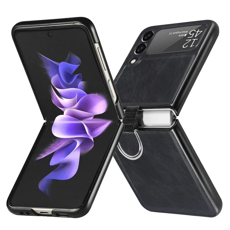 Para Samsung Galaxy Z Flip3 5G Titular de Anillo de Dedo PU Case de PC Recubierto de PU Cubierta de Teléfono Plegable Anti-scratch - Negro