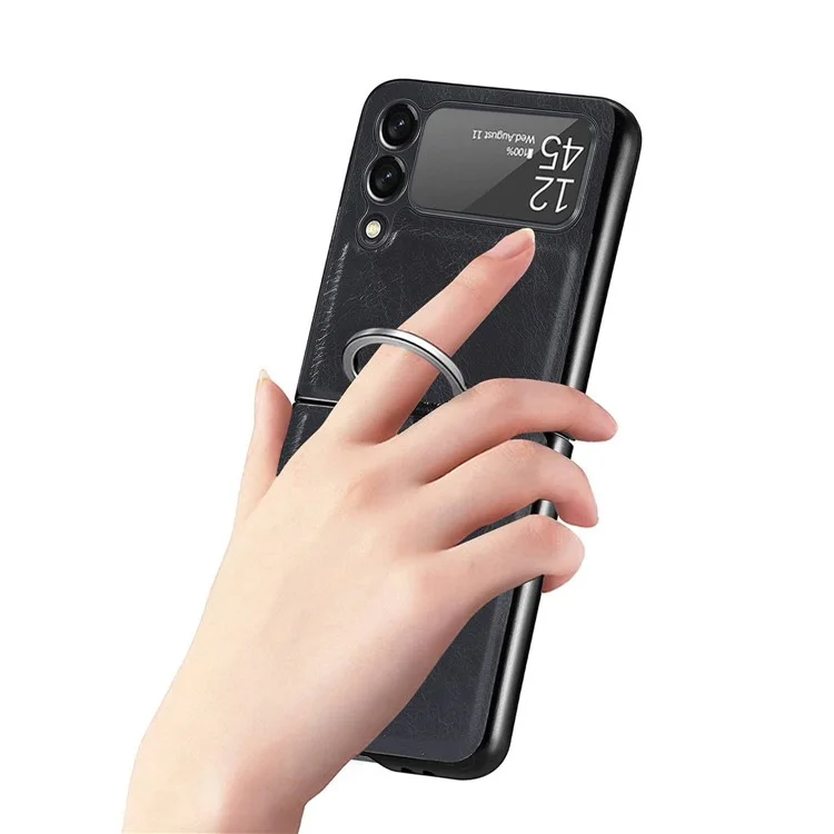 Para Samsung Galaxy Z Flip3 5G Titular de Anillo de Dedo PU Case de PC Recubierto de PU Cubierta de Teléfono Plegable Anti-scratch - Negro