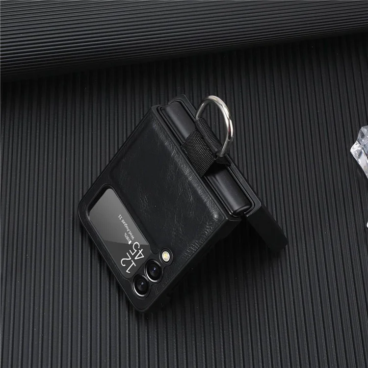 Para Samsung Galaxy Z Flip3 5G Titular de Anillo de Dedo PU Case de PC Recubierto de PU Cubierta de Teléfono Plegable Anti-scratch - Negro