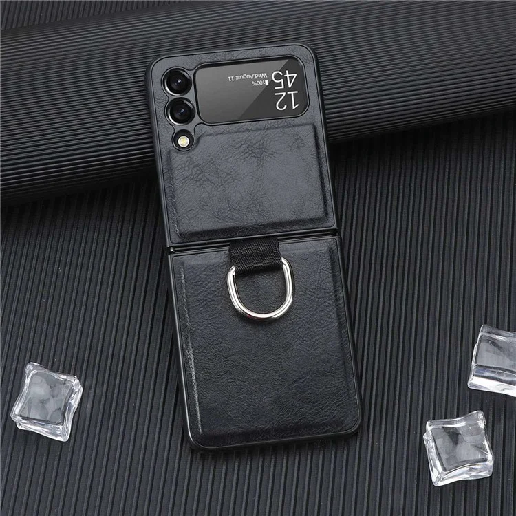 Para Samsung Galaxy Z Flip3 5G Titular de Anillo de Dedo PU Case de PC Recubierto de PU Cubierta de Teléfono Plegable Anti-scratch - Negro