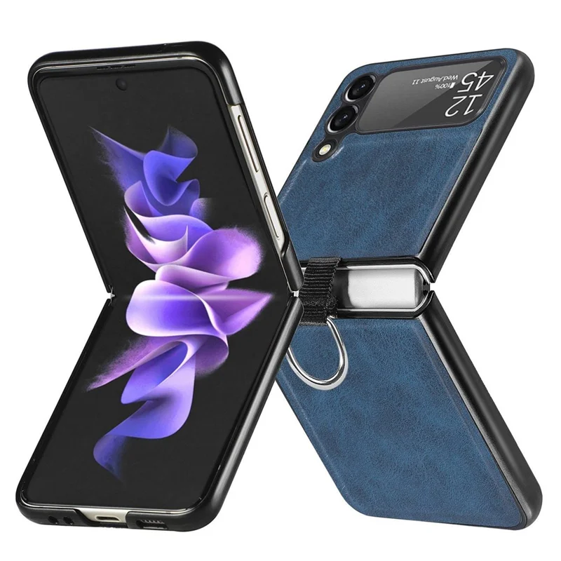 For Samsung Galaxy Z Flip3 5G Finger Ring Holder PU Leather Coated PC Case Anti-scratch Folding Phone Cover - Blue