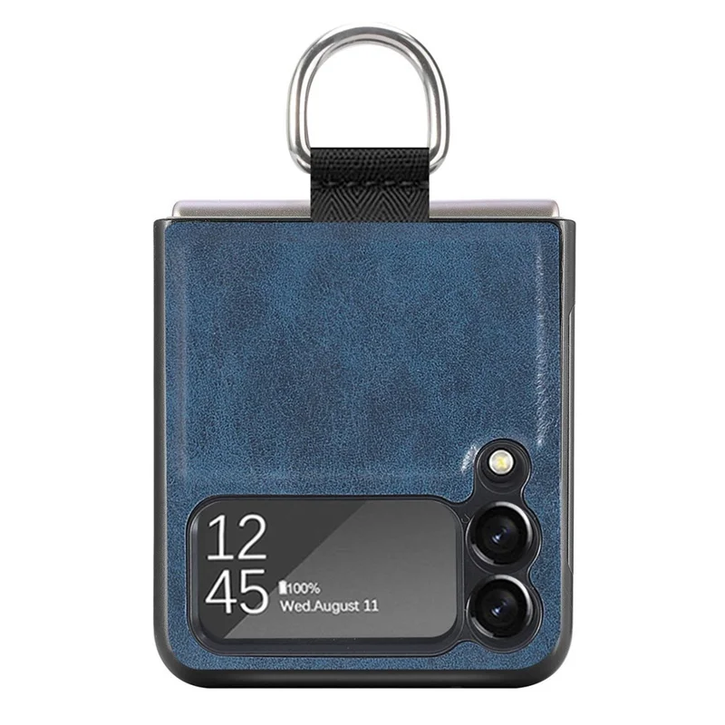 For Samsung Galaxy Z Flip3 5G Finger Ring Holder PU Leather Coated PC Case Anti-scratch Folding Phone Cover - Blue