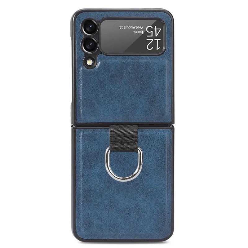 For Samsung Galaxy Z Flip3 5G Finger Ring Holder PU Leather Coated PC Case Anti-scratch Folding Phone Cover - Blue